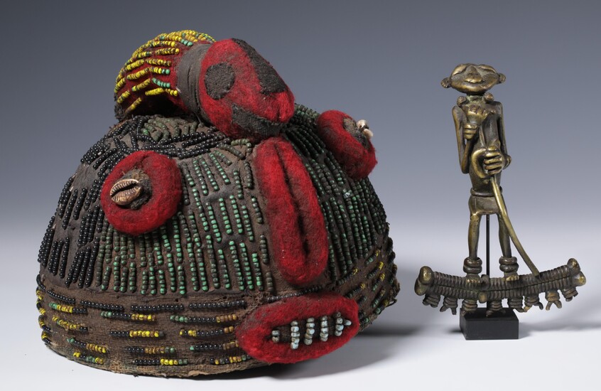 Mali, Dogon-style, brass figurine and a Bamileke beaded headdress
