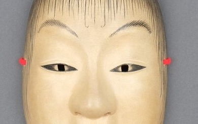 Mask - painted wood - Tadayoshi 唯由 - Noh mask representing a young man (or young woman) - 男系.With nicely detailed "hair"and "eyebrows" - Japan - Shōwa period (1926-1989)