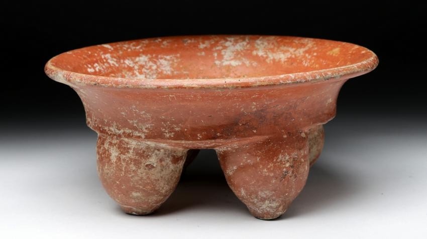 Mixtec Pottery Four-Legged Rattle Bowl