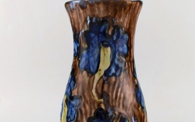 Møller & Bøgely, Denmark. Large art nouveau vase in glazed ceramics. Blue flowers in brown