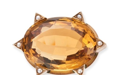 NO RESERVE - A CITRINE AND PEARL BROOCH in 9ct yellow gold, set with an oval cut citrine accented by