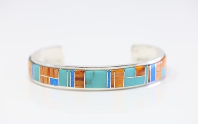 Native America Navajo Sterling Silver Spiny / Opal & Turquoise Inlay Bracelet By A.