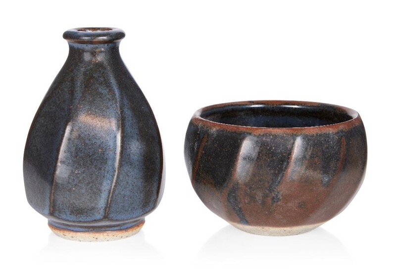 Nick Rees (b.1949) for Muchelney Pottery, Cut sided vase and bowl in blue-black and brown tenmoku glaze, Glazed stoneware, Impressed 'NR' seal and 'MUCHELNEY', Bowl: 10.5cm diameter. Vase: 12cm high.