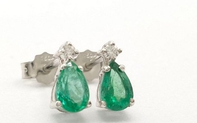 No Reserve Price - Earrings - 18 kt. White gold - 1.01 tw. Emerald - Diamond