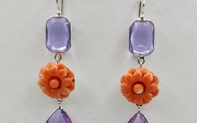 No Reserve Price - Earrings Silver, amethyst and natural cherry coral Amethyst - Coral