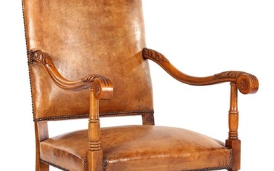 (-), Walnut Decorated Armchair with Leather Back and...