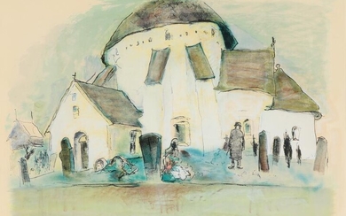 SOLD. Oluf Høst: Composition with church. Signed Oluf Høst 54, 255/310. Lithograph in colours. Visible size 60 x 80.5 cm. – Bruun Rasmussen Auctioneers of Fine Art