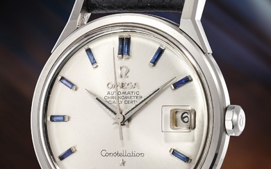 Omega, Ref. 168005/6 A highly rare and attractive white gold wristwatch with sapphire-set numerals, center seconds and date