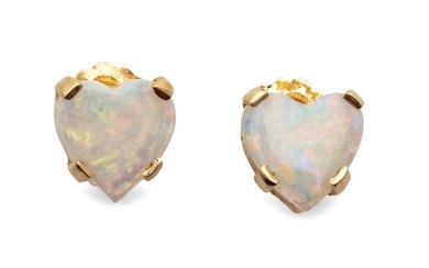 Opal & 14k Yellow Gold Stud Earrings, Heart Form, H 0.25" W 0.25" 1g 1 Pair