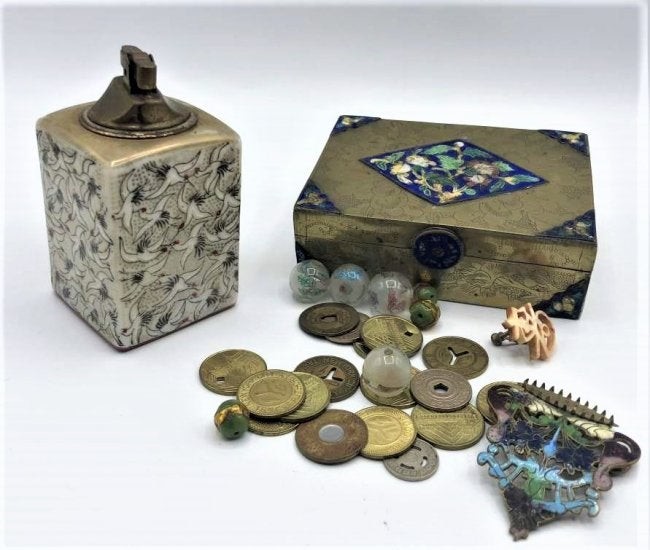 Oriental Asian Bronze Box, Porcelain Cigarette Lighter