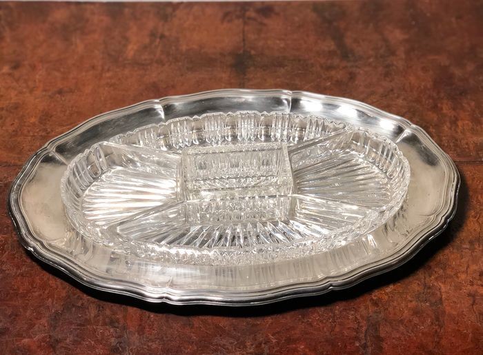 Oval Silver plate Divided Serving Tray- Silverplate, crystal