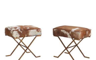 PAIR GILT IRON STOOLS RECENTLY COVERED IN DEER SKIN.
