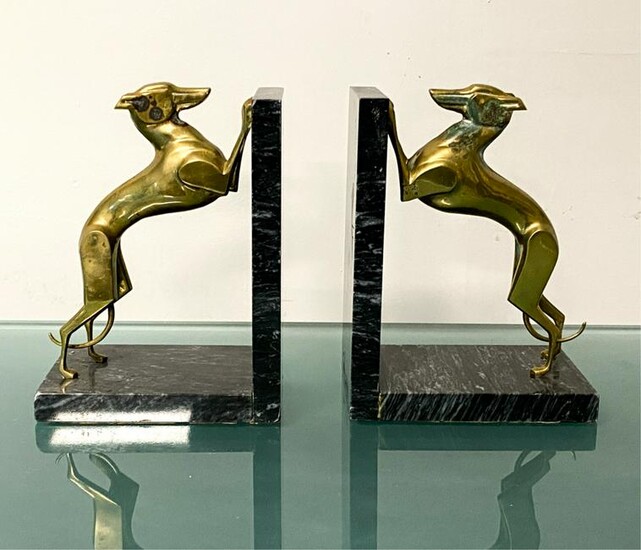 PAIR OF BRASS & MARBLE GREYHOUND BOOKENDS
