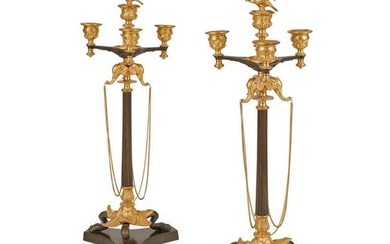 PAIR OF FRENCH GILT AND PATINATED BRONZE CANDELABRA