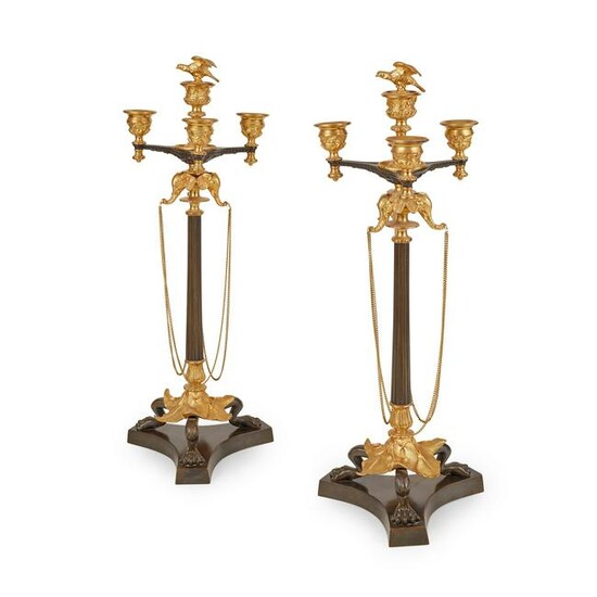 PAIR OF FRENCH GILT AND PATINATED BRONZE CANDELABRA