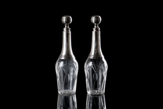 PAIR OF FRENCH SILVER MOUNTED BOTTLES