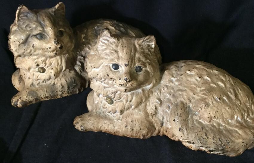 Pair HUBLEY Persian Cat Cast Iron Figurals, signed
