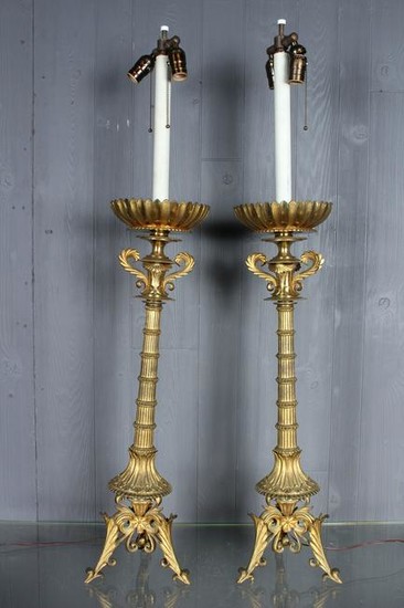 Pair Tall Bronze Candlestick Form Lamps