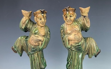 Pair of Chinese Sancai Ceramic Candlestick Holders