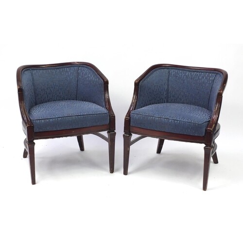 Pair of French style mahogany framed tub chairs with blue up...