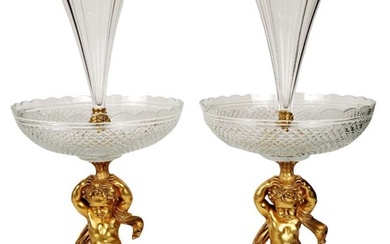 Pair of Large 19th C. Bronze, Marble, & Crystal Figural Centerpieces