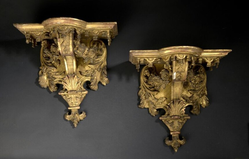 Pair of Louis XIV style gilded stucco and wood sconces, circa 1850
