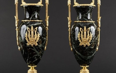 Pair of Marble Empire Vases with Gilt Bronze Ornamentation - Empire - Bronze (gilt), Marble - Early 19th century