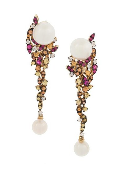 Pair of Pearl, Topaz and Diamond Earrings
