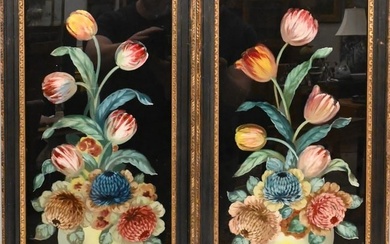 Pair of Reverse Paintings on Glass of Tulips in a Vase