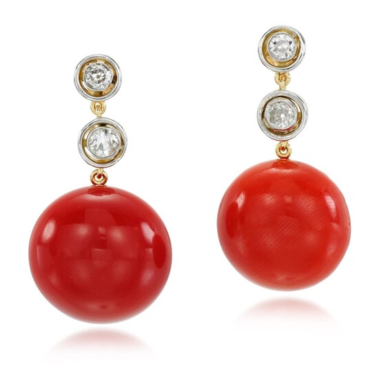 Pair of coral and diamond earrings