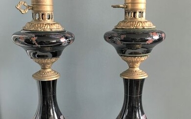 Pair of old ceramic oil lamps transformed into lamps - Ceramic - circa 1900