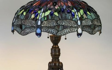 Patinated Tiffany style dragonfly table lamp, 28"h