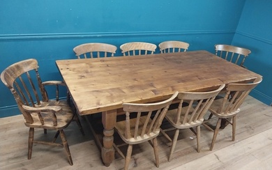 Pine kitchen table on four turned legs with double stretcher...