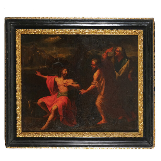 Pittore romano del XVII secolo Il Battista nel deserto olio su tela, cm....