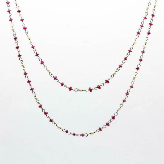Platinum Ruby and Pearl Handmade Necklace