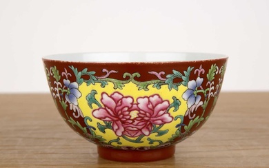 Polychrome enamelled porcelain bowl Chinese, 19th/20th Century painted with peonies...