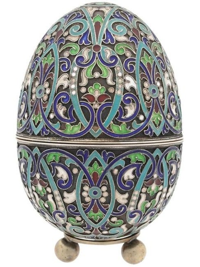 RUSSIAN 84 GILT SILVER ENAMEL EGG CASE WITH STAND
