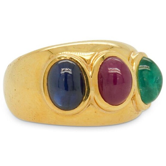Retro 18k Emerald, Sapphire & Ruby Ring