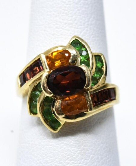 Retro Style 10kt Yellow Gold & Multi Gemstone Ring