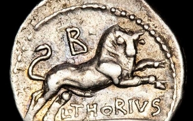 Roman Republic. L. Thorius Balbus, 105 BC. AR Denarius,Juno Sospita / Bull charging right, B above bull, L. THORIVS below, BALBVS