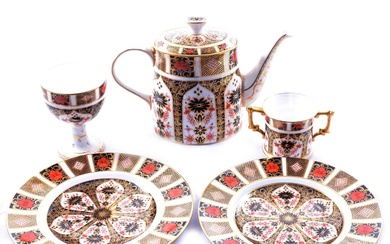 Royal Crown Derby Imari pattern coffee pot, goblet, twin-handled cup and plates.