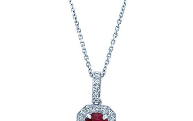 Ruby And Diamond Millgrained Pendant With Round Center And Cut-corner Borders In 14k White Gold (1/6