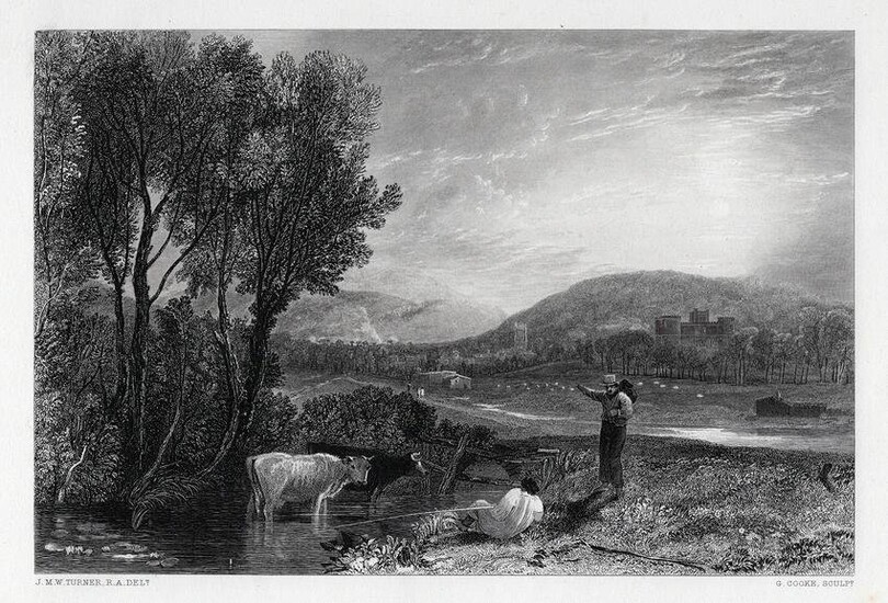 SIGNED 1800s JMW TURNER Engraving Landscape with Fisherman FRAMED