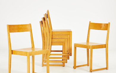 SVEN MARKELIUS. chairs. 6 pieces, so-called “Orchestra chair”, frame in laminated birch, stackable.
