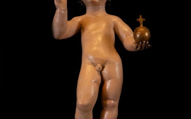 Sculpture de l'enfant de la balle, école espagnole, XVIIe siècle Sculpture en bois sur une...