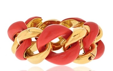 Seaman Schepps 18K Yellow Gold Coral And High Polished Wide Open Link Bracelet