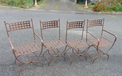 Set 4 iron chairs, garden chairs woven steel seats, backs, 2 arm & 2 side chairs with brass ball