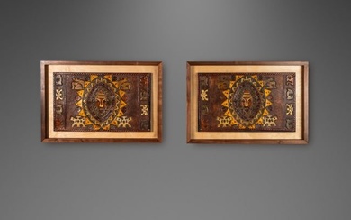 Set of Two (2) Mid-Century Modern Framed Embossed Leather Pre-Columbian Folk Art by Angel Pazmino