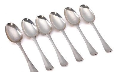 Set of six Danish Baroque silver dinner spoons. Maker Peter Christensen Ove,...