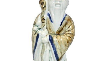 Signed Old Chinese Porcelain Immortal Statue Deity Blue White Green Figure 2 Character Mark